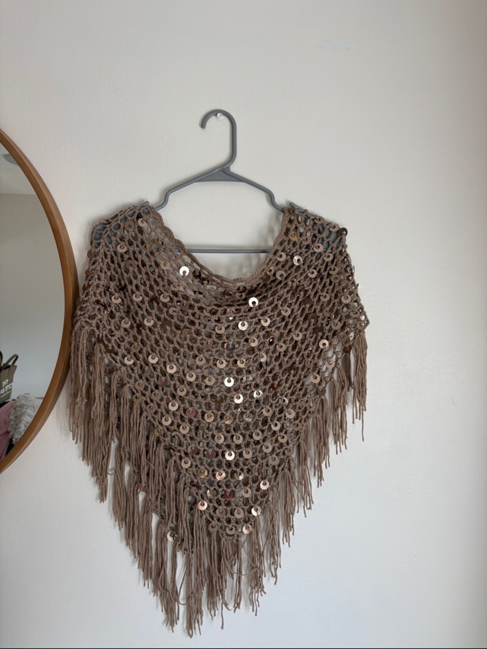 Edikted Boho Sequin Fringe Crochet Poncho - Taupe